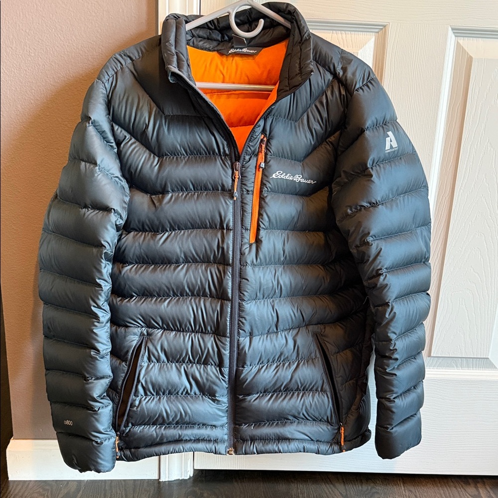 Eddie Bauer Men's Dark Gray Puffer Jacket with Orange Lining